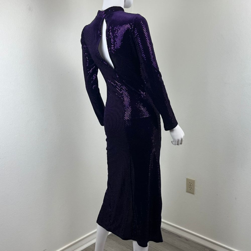 Zara Women Size XS Purple Sequins Velvet Ruched Midi Dress Long Sleeve Mock Neck - Picture 12 of 15